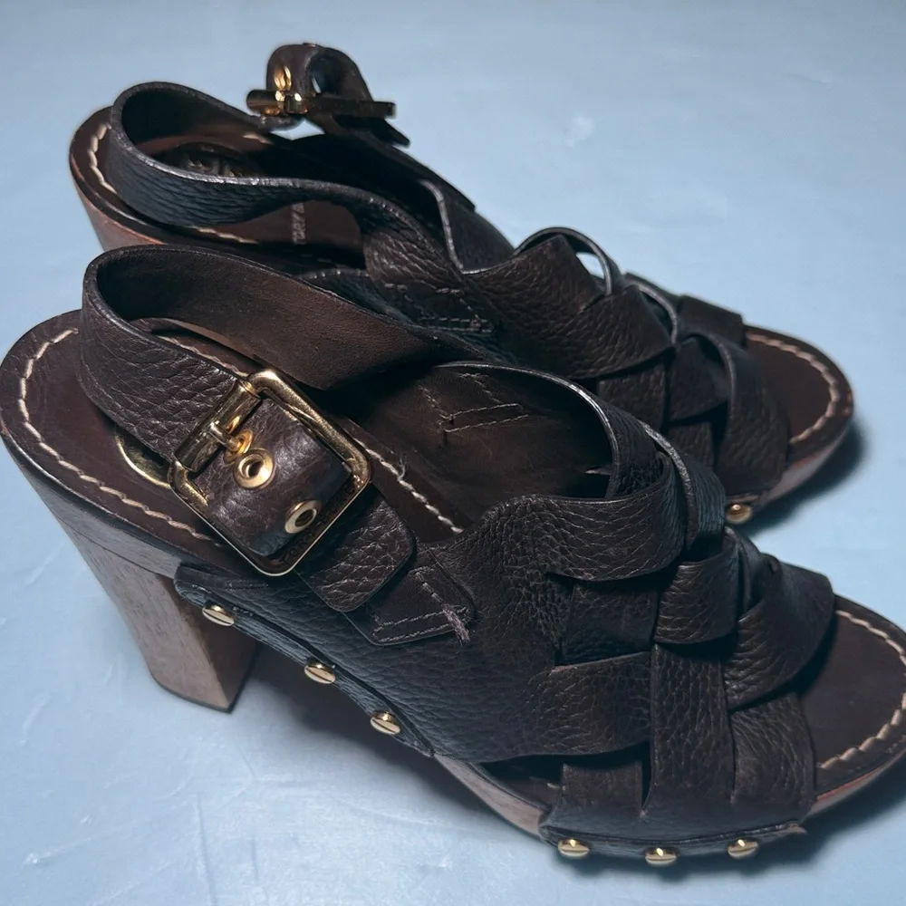 TORY BURCH Women’s 8 M Jodie Brown Leather Woven Platform Heel Sandals - Picture 4 of 15